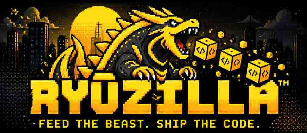 Original RYŪZILLA pixel-art dragon logo with Feed the Beast. Ship the Code. slogan